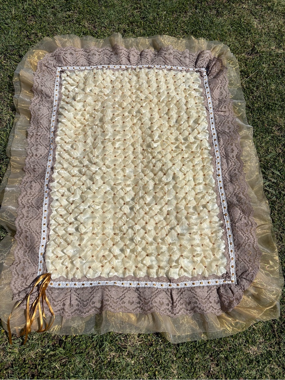 Vintage Ornate Blanket Lace Tufted Ribbon Beaded Smocking Floral Baby Small